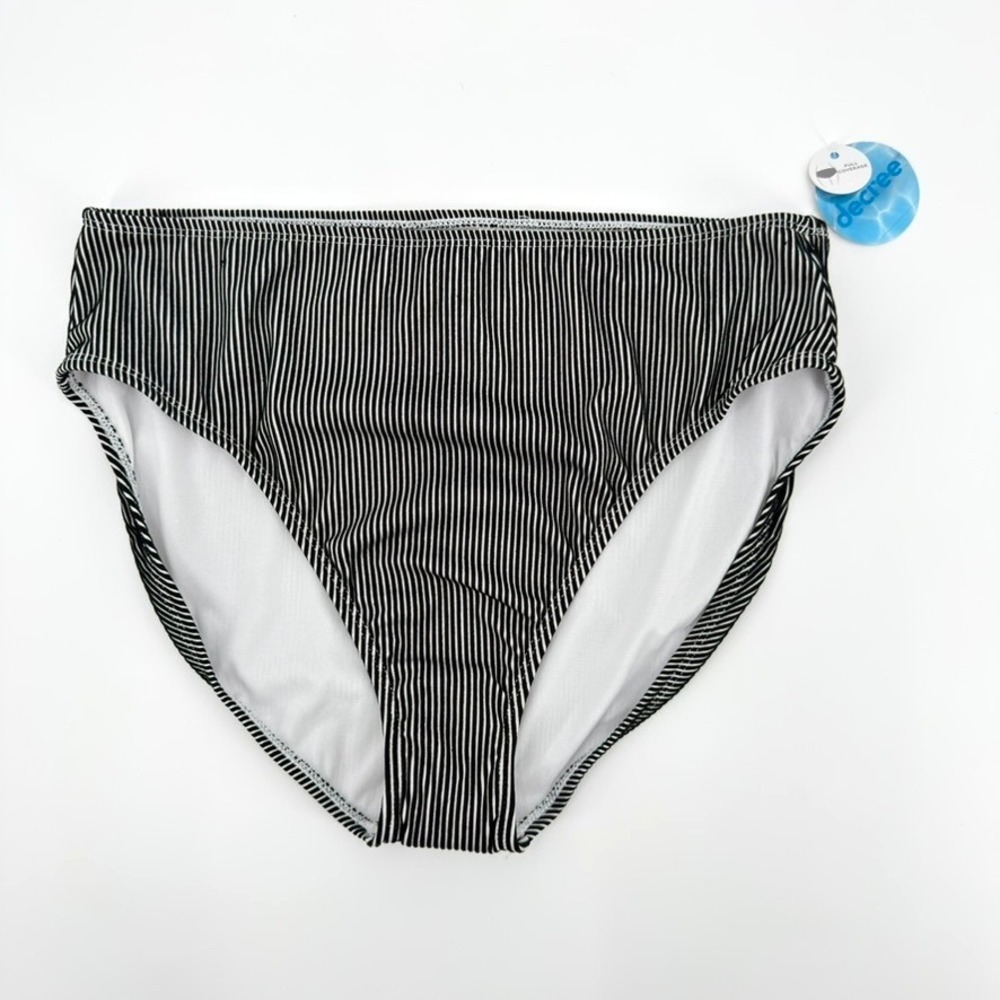 Decree Womens High Rise Bikini Bottom Black White Pinstripe XL YM22JN04B NWT